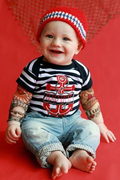 Your tough little sailor will definitely look sea worthy in this awesome tattoo sleeve bodysuit!  This is a rad, trendy, and comfy shirt for your little bub. Baby Tattoo, Awesome Tattoo, Baby Tattoos, Comfy Shirts, Tattoo Sleeve