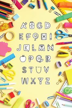 the letters and numbers are made up of school supplies, such as scissors, pencils, markers, tape, rulers