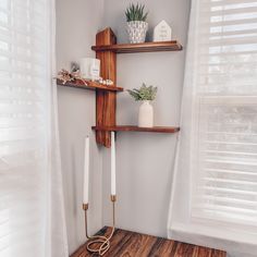 a shelf with candles and some plants on it