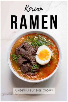 the cover of korean ramen is shown with an egg on top and noodles in it