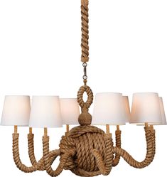 a rope chandelier with four lamps hanging from the bottom and two shades on each side