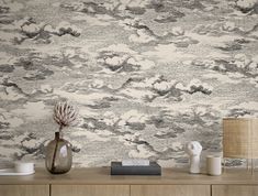 the wallpaper in this room is made up of many different shades of gray and white clouds