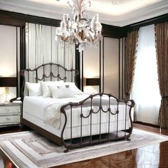 a bedroom with a bed and chandelier in it