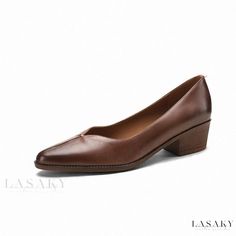 Lasaky - Vintage and Fashionable Chunky Heels with Pointed Toe and Shiny Cowhide Finish - Sleek and Classic Slip-on Shoes Fall Round Toe Block Heels For Office, Fall Office Block Heels With Round Toe, Low Heel Block Heels For Office In Fall, Fall Closed Toe Block Heels, Brown Low Heel Block Heels For Work, Brown Low Heel Block Heels For Office, Brown Pointed Toe Block Heels For Office, Brown Closed Toe Block Heels For Fall, Block Heels With Wooden Heel And Almond Toe