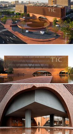 two pictures of the same building with different angles and colors, one is made out of brick