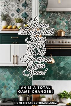 a kitchen with green and white tiles on the backsplash is featured in this ad