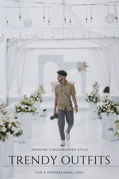 a man walking down a runway with flowers in the background and text reading trendy outfits for a professional look