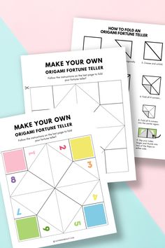 two sheets of paper with instructions to make your own origami fortune tellers