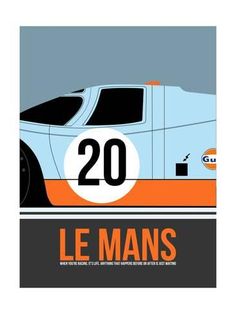 a poster with the number 20 on it's side and an orange car in the background