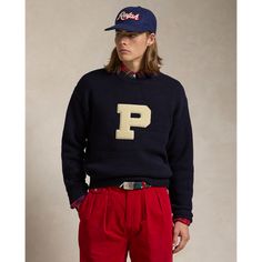 This chunky-knit sweater is made in America with US-sourced wool that is treated for easy care and features a letterman-style “P” patch at the front. Letterman Sweaters, Ralph Lauren Looks, Sweatpants And Sweater, Urban Cowboy, Knitwear Men, Chunky Knits Sweater, Outerwear Sweater, Christmas Pictures, Mens Outerwear