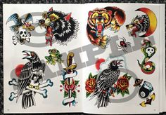 an open book with tattoos on it and some designs in the pages, showing different types of