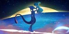 an animated image of two cats standing on top of a blue and purple planet with the moon in the background