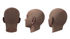 three different views of the head of a person with short hair and no face,