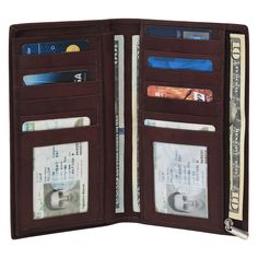 an open wallet with money sticking out of the front and side pockets on both sides