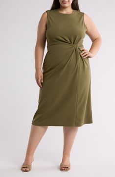 An asymmetric front twist brings contemporary attitude to an everyday tank dress constructed from soft, stretchy jersey. Crewneck Sleeveless 95% polyester, 5% spandex Machine wash, dry flat Imported Fitted Sleeveless Dress With Twist Front, Fitted Sleeveless Twist Front Dress, Fitted Sleeveless Dress With Knot Detail, Plus Size Sheath Dress, Daytime Dresses, Twist Front, Tank Dress, Sheath Dress, Sundress