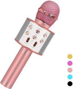 a pink microphone with four different colors on the top and bottom side, in front of a white background