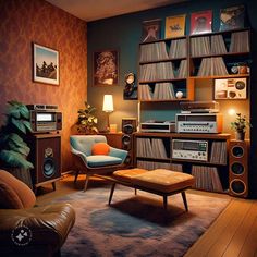 a living room filled with furniture and sound equipment