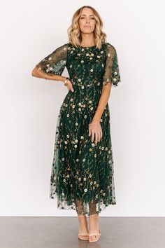 Arabella Embroidered Tulle Maxi Dress | Dark Green Floral - Baltic Born Maxi Dress Dark, Tulle Maxi Dress, Tulle Material, Modest Summer, Fall Wedding Guest, Dresses Modest, Mob Dresses