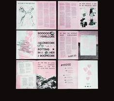 four pages of pink paper with black and white images