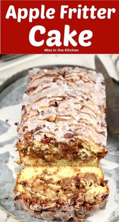 an apple fritter cake on a plate with the title above it