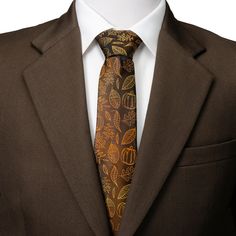 Perfect for bringing in the fall feeling, our Fall Spice Men's Brown Tie will warm up the boardroom. This chocolate brown tie features fall classics such as pumpkins and fallen leaves in a warm pumpkin spice color. Our tie will maintain its shape and hold a perfect knot thanks to the strong yet soft Silk Blend. Brown Suit And Tie Combinations, Elegant Suit And Tie Accessories For Fall, Elegant Fall Standard Tie, Formal Fall Suit And Tie Accessories Standard Tie, Formal Fall Standard Tie Suit Accessories, Formal Fall Standard Tie Accessories, Classic Formal Ties For Fall, Classic Fall Formal Ties, Classic Fall Ties For Formal Occasions