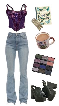 a woman wearing high waist jeans and purple crop top with matching shoes, coffee cup, notebook, butterfly print bra