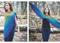 two pictures of a woman with blue and green wings on her body, standing in the woods