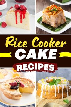 rice cooker cake recipe collage with images overlaying the top and bottom