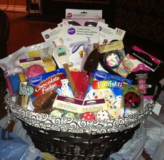 a basket filled with assorted items sitting on top of a table