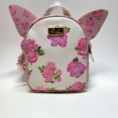 New Floral Print Adjustable 'Wings' Approx 10"H 3"D By Betsey Johnson Cute Pink Backpack For Spring, Cute Summer Backpack, Rainbow Kittens, Unicorn Backpack, Cat Purse, Dog Backpack, Backpack Lunch Bag, Girls Purse, Backpack Sport