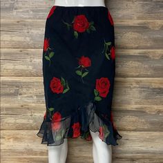 Devan Ruffle Rose Pencil Skirt Black Sheer With Rose Detail, Ruffle Trim Lined, Elastic Pull On Waist 100% Polyester (Blouse Listed Seperately) New With Tags Girly Core, Goth Princess, Polyester Blouse, Rose Skirt, Rosé Details, Pencil Skirt Black, Little Outfits, Black Skirt, Skirt Black