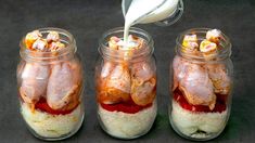 three mason jars filled with food and being poured into the jar to make it look like they have meat in them