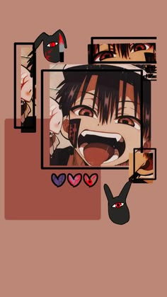 an anime character with his mouth open in front of some pictures and hearts on the floor