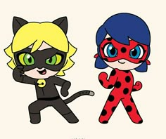 two cartoon characters are dressed up as the catwoman and the ladybug, one is