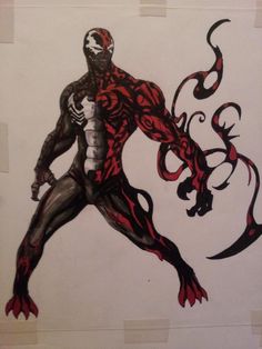 a drawing of a spider man with red and black designs on it's body