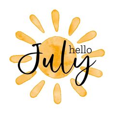 the word hello june written in black ink on a white background with an orange sun