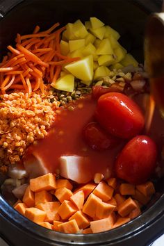 carrots, tomatoes, and other vegetables are mixed together in the slow cooker