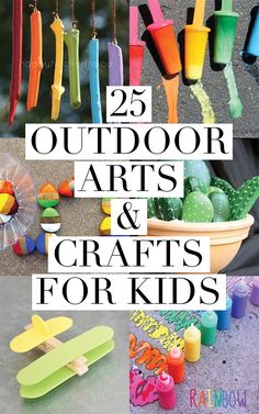 the cover of 25 outdoor arts and crafts for kids, with colorful objects hanging from hooks