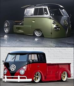 an old vw bus is parked in front of a brick wall and another photo of the same vehicle