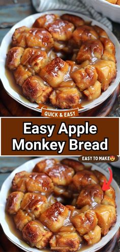 an easy apple monkey bread recipe on a white plate