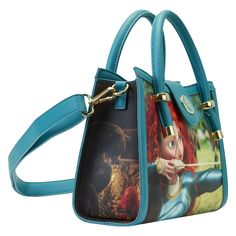 Take fate into your own hands. The Loungefly Brave Merida Princess Scene Crossbody Bag features unique scenes from Disney-Pixar’s animated feature displayed across each panel of the bag. Turn the bag around and you will find inspiring moments from Merida’s journey, including her archery triumph and transformative moments with her family. A molded metal rivet of Merida’s pendant secures the front and back of the bag. This spellbound accessory will keep your belongings safe on any journey and is p Disney Bags For Daily Use, Daily Disney Style Bag, Disney Style Shoulder Bag For Travel, Disney Style Gift Bag, Rectangular Shape, Disney Rectangular Shoulder Bag For Daily Use, Disney Shoulder Bag With Adjustable Strap For Travel, Disney Rectangular Shoulder Bag For Travel, Disney Style Rectangular Shoulder Bag For Travel, Disney Style Shoulder Bag With Removable Pouch