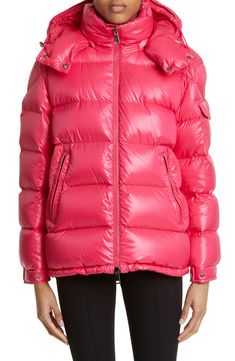 Inspired by Paninari, an '80s youth subculture in Milan, this puffer is made from signature lacquered nylon and insulated with premium down for superior warmth. Adjustable snap cuffs, a detachable hood and drawcord hem block out elements, while a snap-flap sleeve pocket with logo patch adds signature Moncler flair. 27" length (size 2) Two-way front-zip closure Stand collar; removable drawcord-toggle hood Adjustable snap cuffs Side zip pockets Drawcord-toggle hem Water-resistant Lined, with down Pink Nylon Puffer Jacket With Padded Collar, Pink Down Puffer Jacket With Detachable Hood, Pink Quilted Nylon Puffer Jacket, Pink Down Puffer Jacket With Padded Collar, Moncler Women, Down Puffer Jacket, Pink Fits, Pink Jacket, Shell Jacket