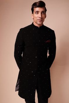 Buy Black Viscose Polyester Embroidery Mirror Sherwani Set For Men by Tisa - Men Online at Aza Fashions. Festival Bandhgala With Mirror Work For Reception, Festival Reception Bandhgala With Mirror Work, Festive Sherwani With Mirror Work For Reception, Formal Sherwani With Mirror Work For Transitional Season, Eid Sherwani With Mirror Work For Reception, Formal Transitional Sherwani With Mirror Work, Eid Reception Sherwani With Mirror Work, Designer Nehru Jacket With Mirror Work For Diwali, Designer Nehru Jacket With Mirror Work For Festive Season