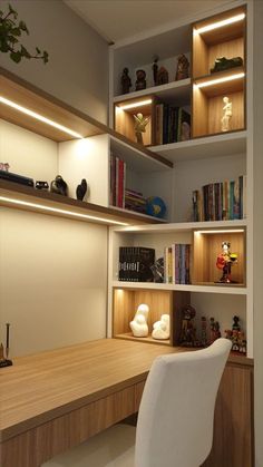 a white chair sitting in front of a desk with bookshelves and shelves on it