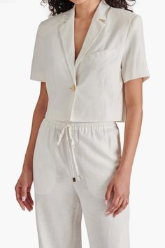 steve madden fayette short sleeve cropped blazer cloud Small Clouds, Textured Fabric, Favorite Dress, Shoulder Pads, Dress Pants, Linen Blend, Final Sale, Denim Shorts, Short Sleeves