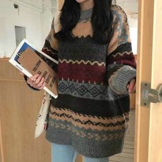 Aesthetic Sweaters, Sweater Streetwear, Casual Knitwear, Loose Pullover, Knitting Women Sweater, Loose Sweater, Casual Sweaters, Winter Sweaters, Printed Sweater