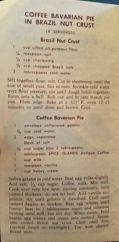 the menu for coffee havana pie in brazil nut crust