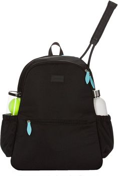 a black backpack with tennis racket and ball in it's pocket on a white background