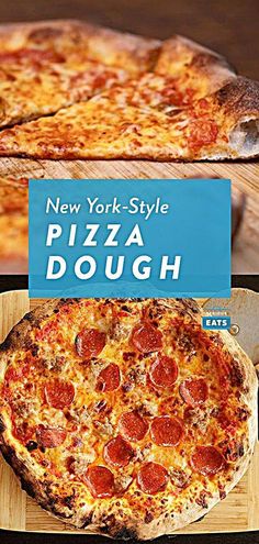 the new york style pizza dough is ready to be cut into slices and served on wooden platters