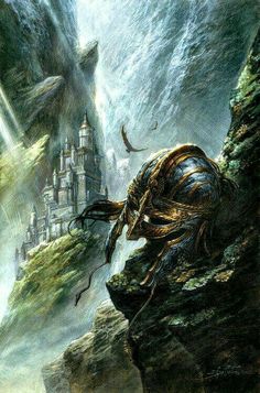 an image of a fantasy scene with a giant monster attacking a castle in the background